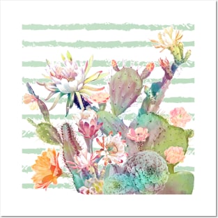 Watercolor cactus, floral and stripes design Posters and Art